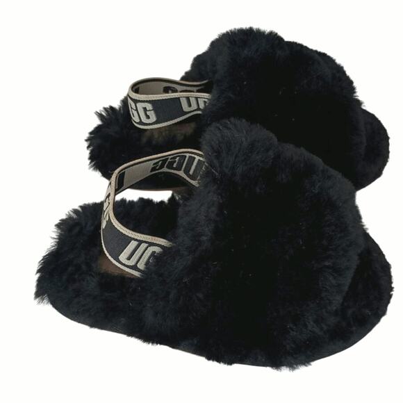 Uggs black furry yeah slides little kid size 6 slingback w/logo barely used glam - Picture 1 of 6